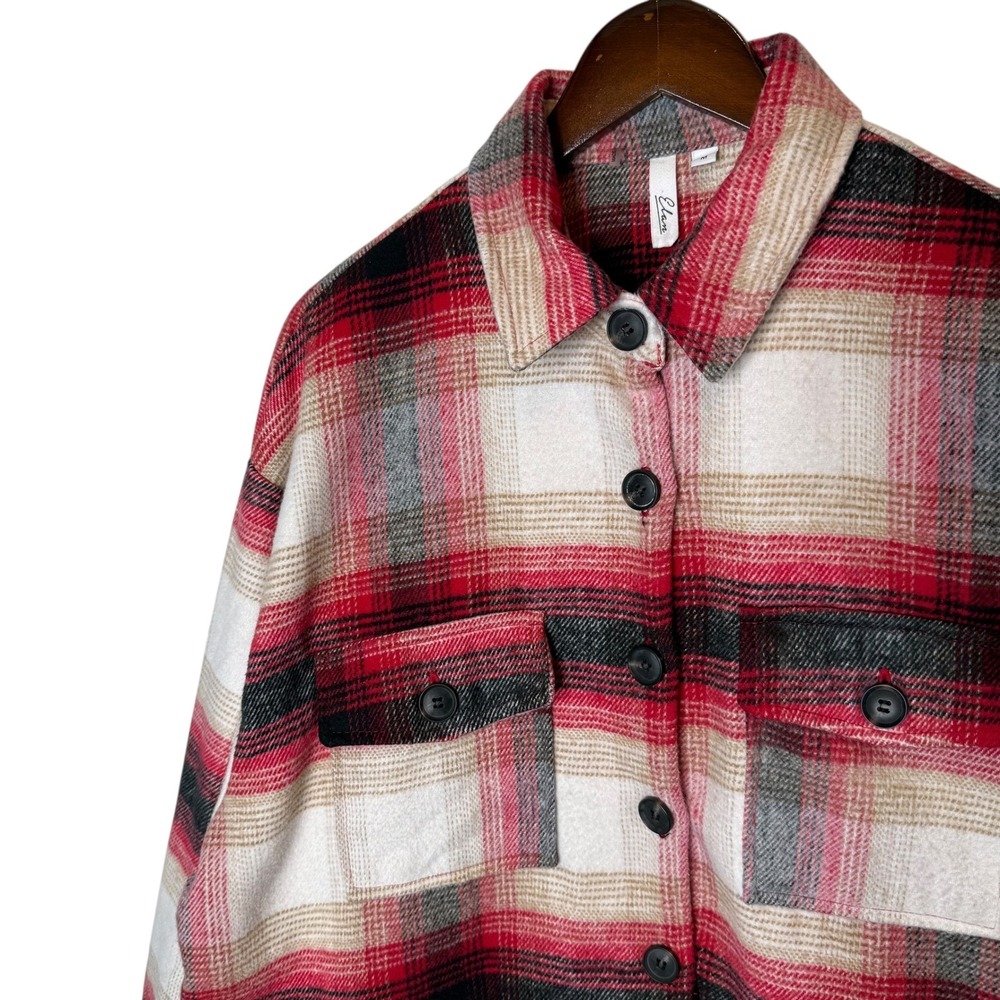 Elan Riley Plaid Shacket Oversized Cozy Cabincore Lined Jacket Red Medium - Picture 3 of 6